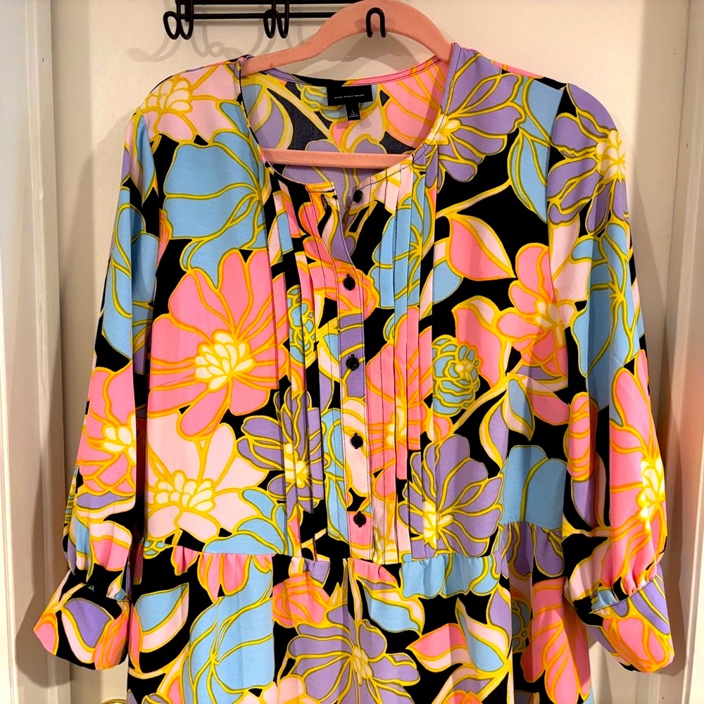 Who What Wear Colorful Floral Three Quarter Sleeve Dress - Picture 3 of 9